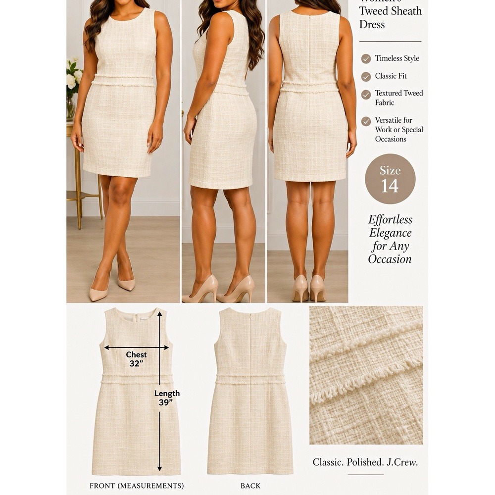 J.Crew Ivory Tweed Sheath Dress Fringe Lined Round Neck Knee Zip Sleeveless 14